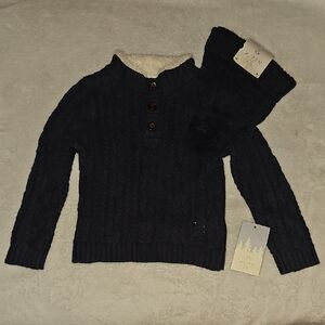 NWT Aspen Kids Navy Blue Knit Sweater & Matching Hat Set